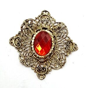 Vintage Brass Filigree Brooch Faceted Glass Center Stone Pin 2.5" Victorian